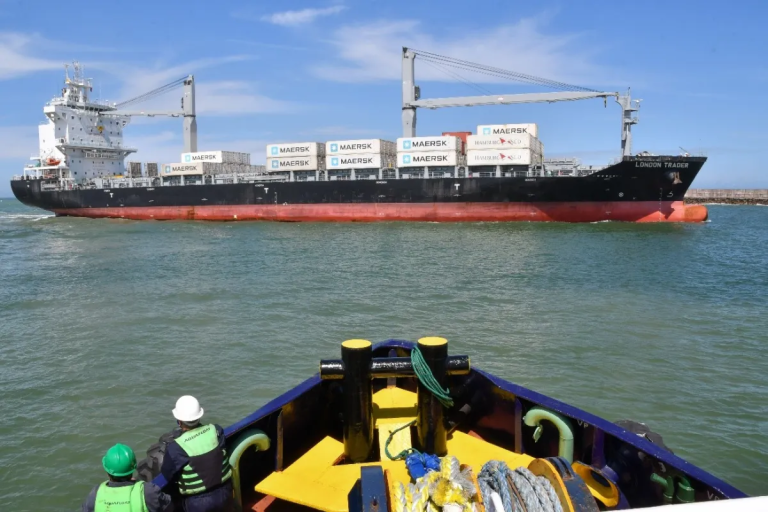 La riesgosa tarea de ingresar a puerto un portacontenedores