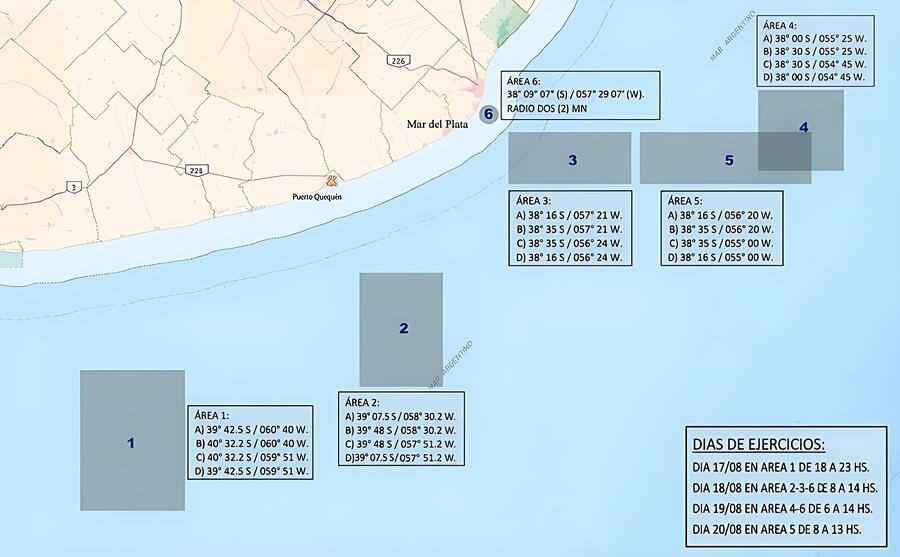Mapa de Prefectura Naval Argentina con las seis áreas marítimas del Ejercicio Fraterno XXXIX